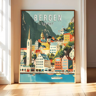Bergen Norwegen Poster Art Druck, Stadt Retro Vint