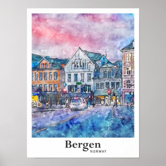 Bergen Norwegen Reisen Wasserfarbe Sketch Hand Dra Poster (Vorne)