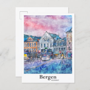 Bergen Norwegen Reisen Wasserfarbe Sketch Hand Dra Postkarte