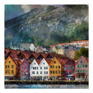 Bergen Norwegen Schöne Farbige Häuser Vintage Poster