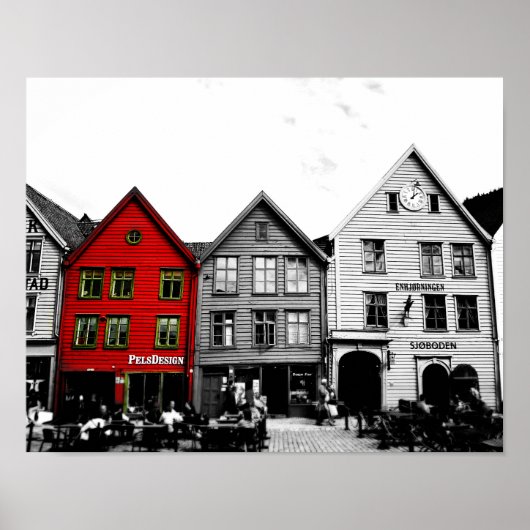 Bergen Norwegen Schwarz-Weiß-Foto mit rotem Haus Poster (Vorne)