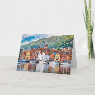 Bergen Norwegen Watercolor Karte