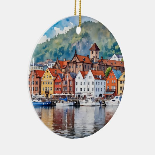 Bergen Norwegen Watercolor Keramik Ornament (Rechts)