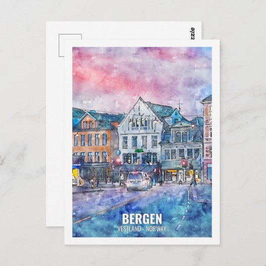 Bergen Vestland Norwegen Reisen Place Watercolor Postkarte (Vorne/Hinten)