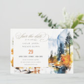 Bergfluss Herbst Winterlandschaft Hochzeit Save The Date (Stehend Vorderseite)