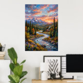 Bergfluss-Sonnenuntergangs-Landschaftsposter Poster (Heimbüro)