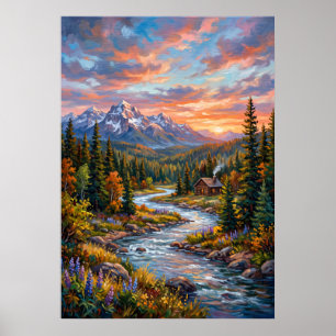 Bergfluss-Sonnenuntergangs-Landschaftsposter Poster