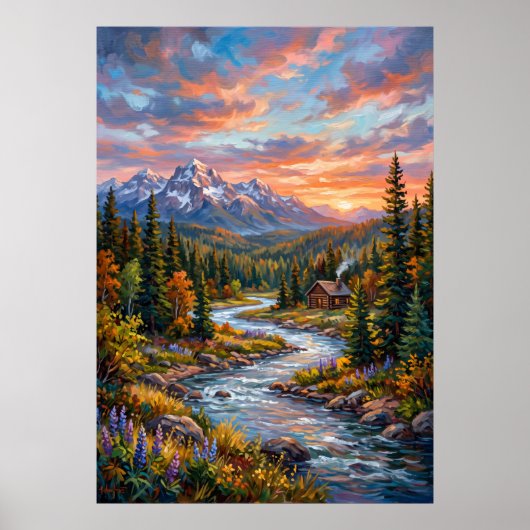 Bergfluss-Sonnenuntergangs-Landschaftsposter Poster (Vorne)