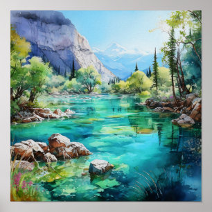 Bergfluss Vivid Farben Wasserfarben Malerei Poster