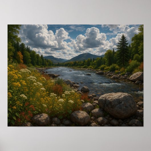 Bergfluss Wildblumen Landschaft Poster (Vorne)