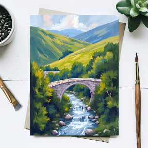 Bergflussbrücke Grüne Aquarell-Landschaft Postkarte