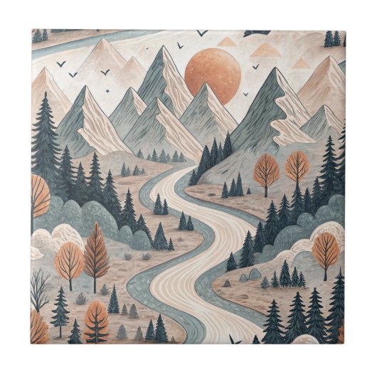 Bergflusslandschaft Boho abstraktes Muster Kunst Fliese (Vorderseite)