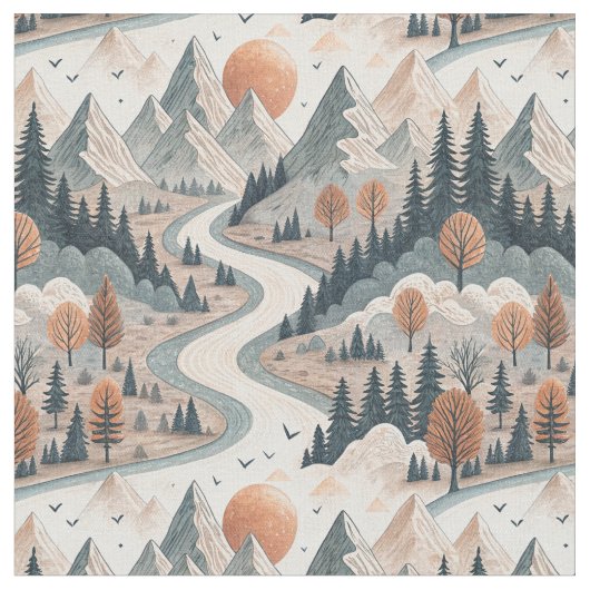 Bergflusslandschaft Boho abstraktes Muster Kunst Stoff (Nahaufnahme)