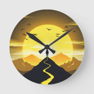 Berggipfel-Silhouette mit einem windenden Sockel Runde Wanduhr