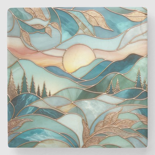 Berggipfel-Wald-Buntglas-Kunst Steinuntersetzer (Vorderseite)
