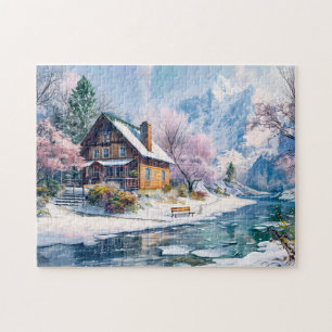 Berghütte im Frühling mit Blüten Puzzle