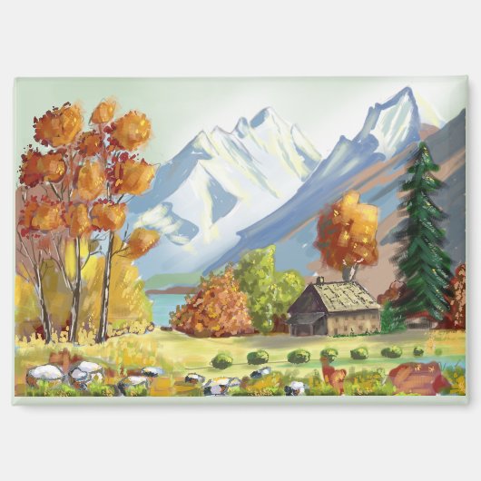 Berghütte in Herbstfarben. Gemälde. Magnet (Vorderseite)
