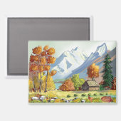 Berghütte in Herbstfarben. Gemälde. Magnet (Vorderseite/Rückseite)