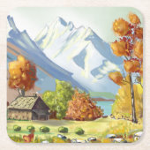 Berghütte in Herbstfarben. Gemälde. Rechteckiger Pappuntersetzer (Vorderseite)