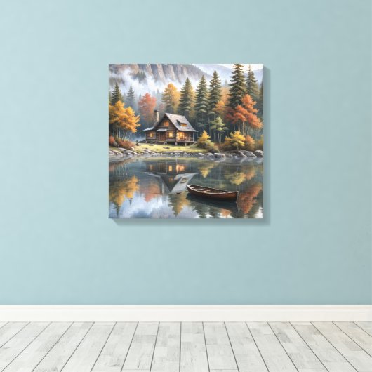 Berghütte mit Rowboat auf einem See Leinwanddruck (Insitu (Holzboden))