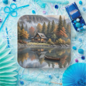 Berghütte mit Rowboat auf einem See Pappteller (Party)