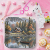 Berghütte mit Rowboat auf einem See Pappteller (Party)