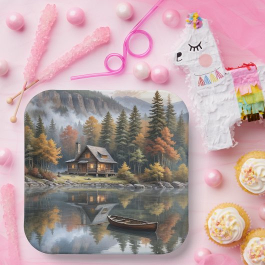 Berghütte mit Rowboat auf einem See Pappteller (Party)