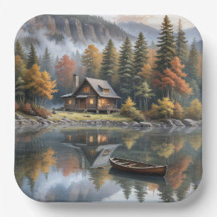 Berghütte mit Rowboat auf einem See Pappteller