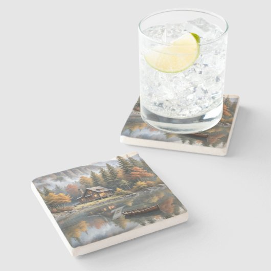 Berghütte mit Rowboat auf einem See Steinuntersetzer (Seitenansicht)