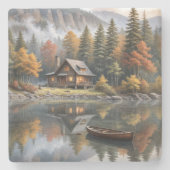 Berghütte mit Rowboat auf einem See Steinuntersetzer (Vorderseite)