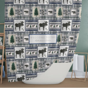 Berghütte Moose Bären Bäume Blau in grünem Hyge Duschvorhang