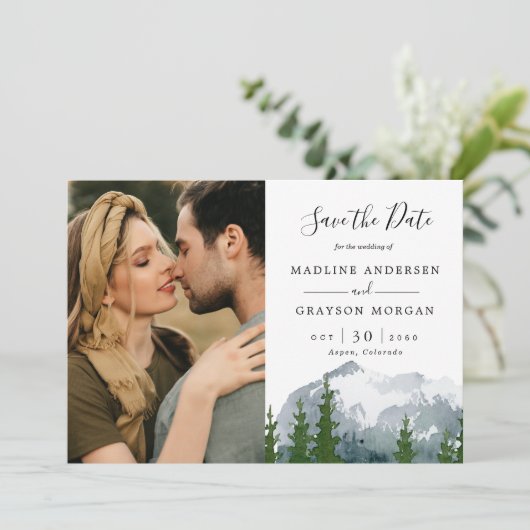 Bergkiefer Zwei Fotos Save the Date Einladung (Stehend Vorderseite)