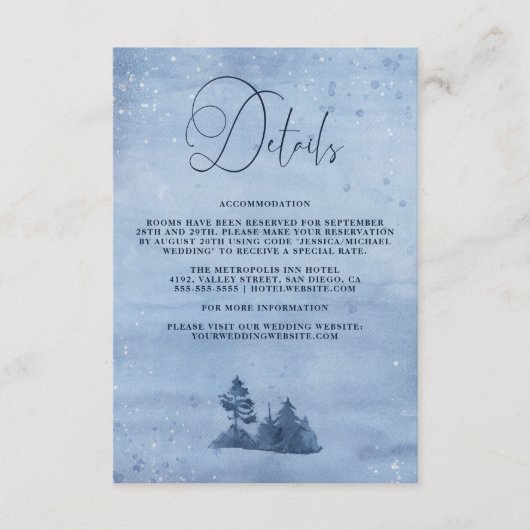 Bergkiefern Blauer Winter Hochzeiten Details Begleitkarte (Vorderseite)