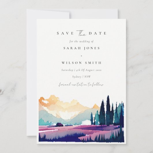 Bergland Lilac Felder Pine Trees Landschaft Save The Date (Vorderseite)