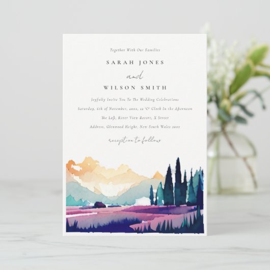 Bergland Lilac Fields Landschaft Hochzeit Einladung (Stehend Vorderseite)