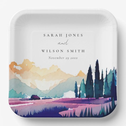 Bergland Lilac Fields Landschaft Hochzeit Pappteller (Vorderseite)