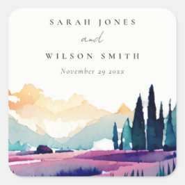 Bergland Lilac Fields Landschaft Hochzeit Quadratischer Aufkleber