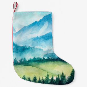 Berglandschaft. Aquarellbild. Kleiner Weihnachtsstrumpf