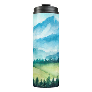 Berglandschaft. Aquarellbild. Thermosbecher