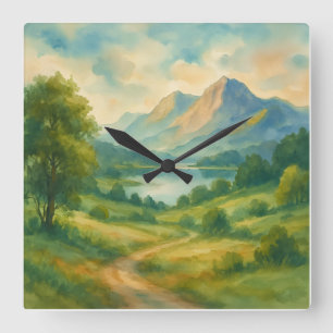 Berglandschaft - Aquarellmalerei-Stil Kunst Quadratische Wanduhr