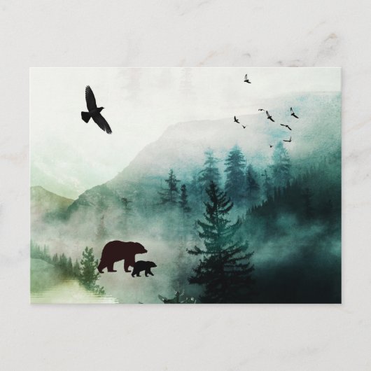 Berglandschaft Bären Vögel Wald Postkarte (Vorderseite)