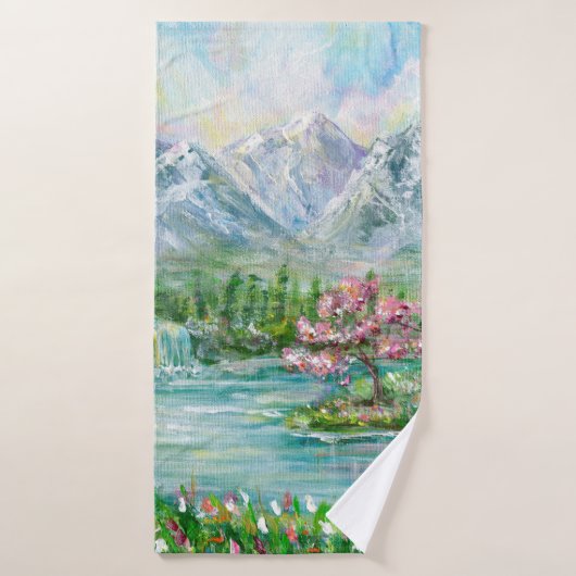 Berglandschaft im Frühling. Original Acrylhand p Badehandtuch (Badehandtuch)