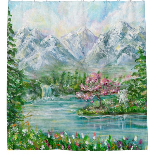 Berglandschaft im Frühling. Original Acrylhand p Duschvorhang (Vorderseite)