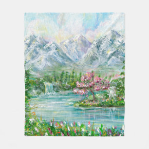 Berglandschaft im Frühling. Original Acrylhand p Fleecedecke