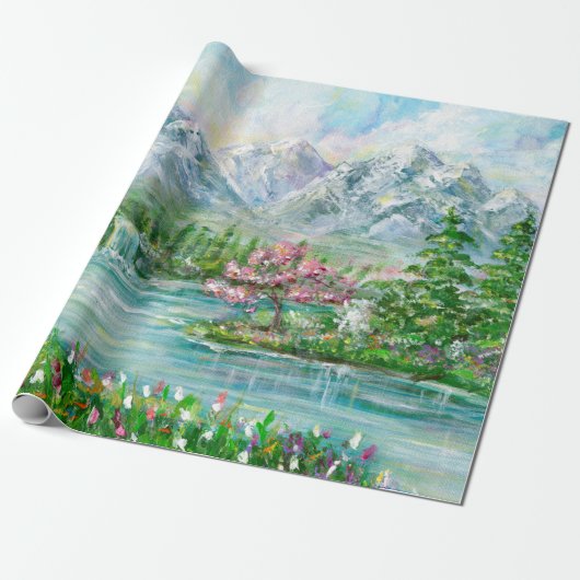 Berglandschaft im Frühling. Original Acrylhand p Geschenkpapier (Ungerollt)