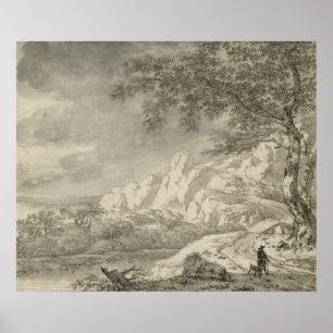 Berglandschaft mit einem Wanderer Poster