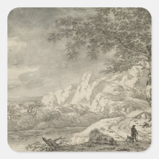 Berglandschaft mit einem Wanderer Quadratischer Aufkleber (Vorderseite)