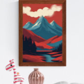 Berglandschaft Rot Blauer Retro Illustration Poster