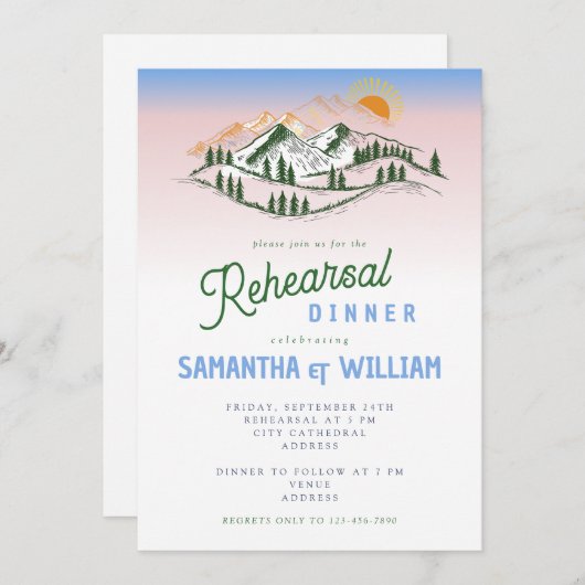 Berglandschaft Rustikales Abendessen mit grüner Pr Einladung (Vorne/Hinten)