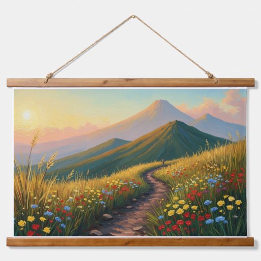 Bergpfad in einer Wildblumenwiese - Golden Hou Wandteppich Mit Holzrahmen (Vorne)